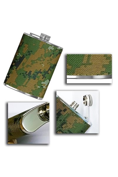 ELSELİFE Camouflage Coated Stainless Steel Flask Cup & Opener Set 8 oz 240 ml Camping Pocket Flask