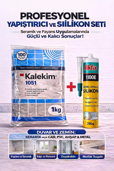 Kalekim 1051 Seramik Yapıştırıcı 1 Kg (Gri) + Akfix 1100E Silikon Seti