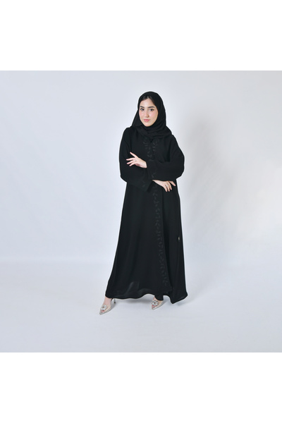HAWRAA ABAYA عباية لف سوداء بتطريز اسود ورقي مع طرحه طقم