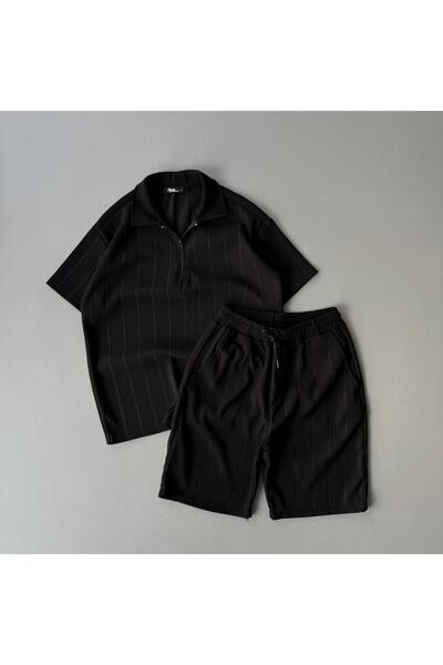 Baycombine35 Raporlu Ottoman Fabric Black Tshirt + Black Shorts 2-Piece Top a...