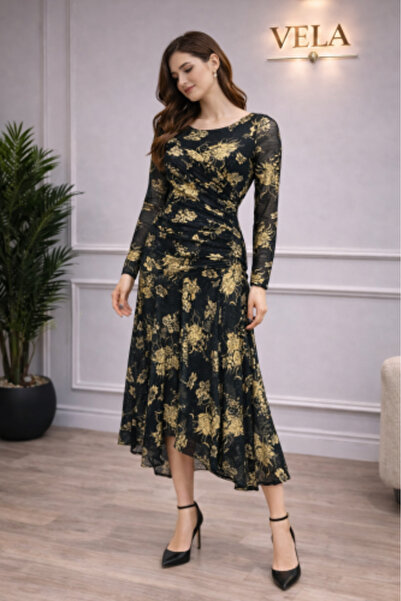 vela Black Midi Dress with Gold Print and Transparent Sleeves High-End