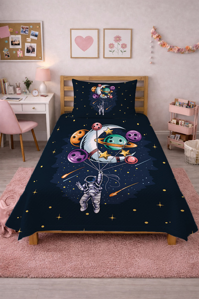 Evmila Uzay Astronot Gezegen Yıldızlı Tek Kişilik Pike Takımı-Galaktik Modern...