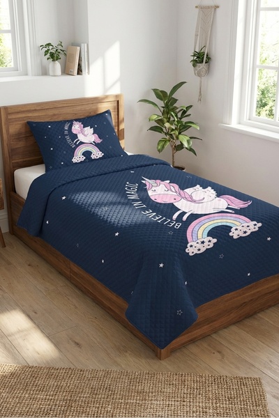 Evmila Unicorn Gökkuşağı Yıldızlı Lacivert Tek Kişilik Pike Takımı-Peri Masal...