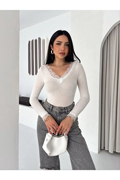 Tarz Yeri Women's Lace Detailed V-Neck Back V-Neck Cashmere Textured Long Sle...