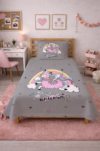 Evmila Gökkuşağı Unicorn Lama Desenli Çocuk Pike Takımı-Masal Temalı Modern G...