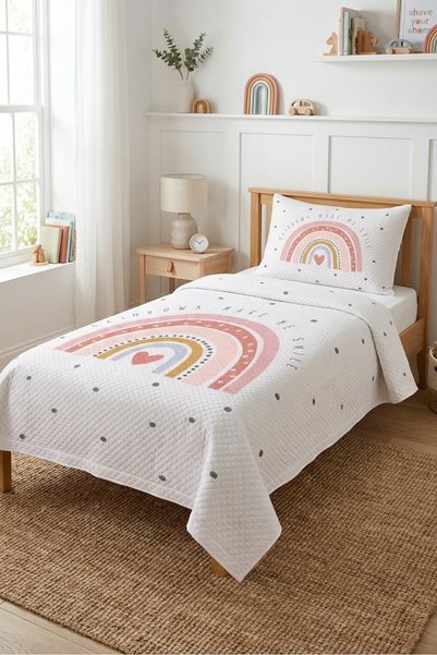 milbaygrup Rainbow Heart Polka Dot Children's Single Pique Set - Cute Modern Powder Gray Quilted Bedspread