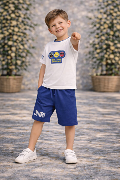 kahkaha kids Σετ μπλουζάκι και σορτς για αγόρια με στάμπα Emoji Λευκό Μπλε Κα...