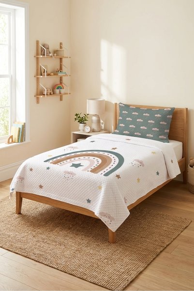 milbaygrup Rainbow Cloud Star Patterned Teenager's Pique Set - Fairytale Nordic Mint Powder Quilted Bedspread