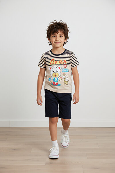 BBS Μπεζ σετ για αγόρια με κοντομάνικο μπλουζάκι και σορτς με στάμπα αρκουδάκ...