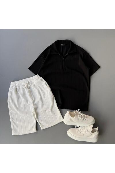 Baycombine35 Raporlu Ottoman Fabric Μαύρο Μπλουζάκι + Λευκό Σορτς Σετ 2 τεμαχ...