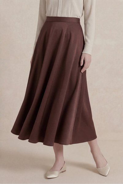 Lavix Brown Women's Flared Skirt High Waist Midi Flowy Stylish Casual Office Skirt