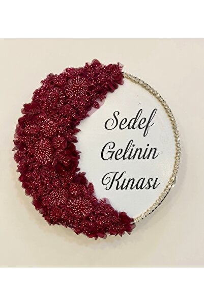 Elriya İsme Özel Gelin Tefi Yarım Ay Üç Boyutlu Çiçekli, Dantel Boncuk İşleme...
