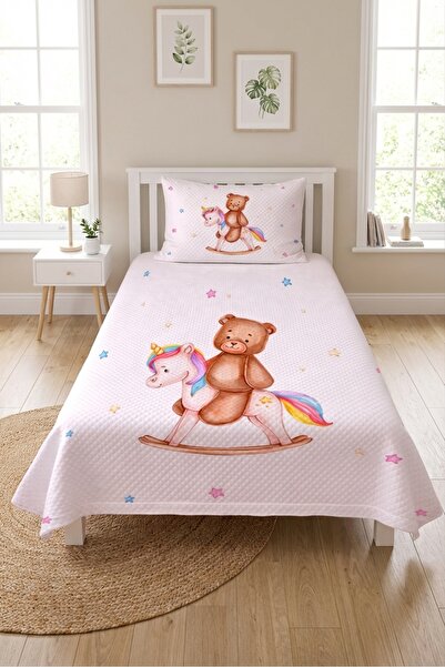 Evmila Sevimli Ayıcık Unicorn Çocuk Pike Takımı-Masal Temalı İskandinav Beyaz...