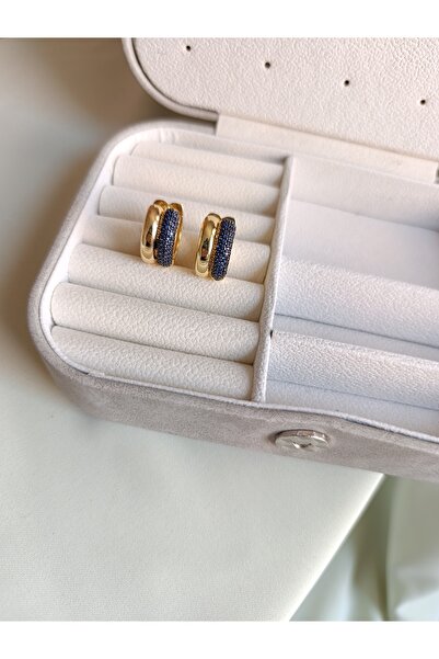 Mİ Atelier Gold Lacivert Uyumlu Bitişik Model Zirkon Taşlı Küpe