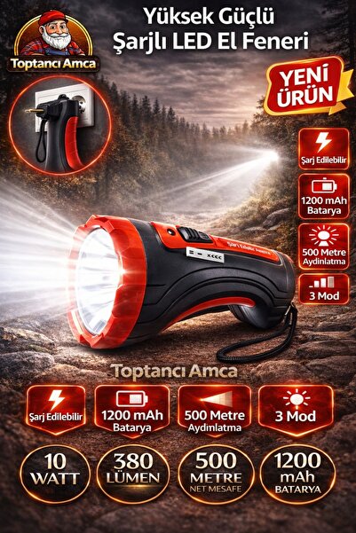 Toptancı Amca Ultra Güçlü 1 km Menzil El Feneri Şarjlı Prekejtör Kambur Fener...