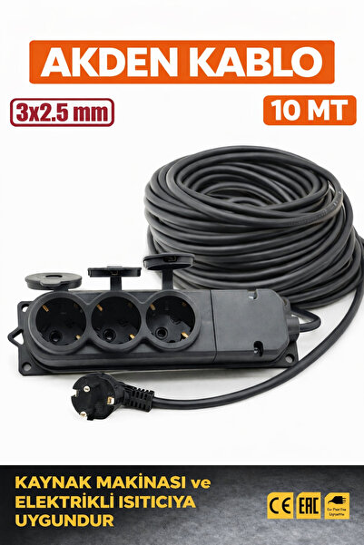 AKDEN Kablo 10 Metre 3x2,5mm 3*Lü Uzatma Kablosu Tam Kesit Kaynak Makinası Ku...