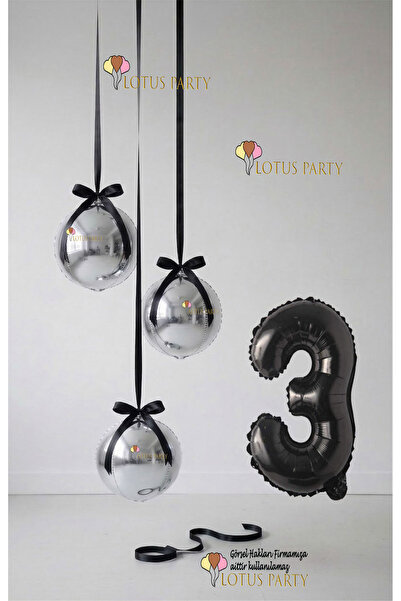 LOTUS PARTY Gümüş Set - Gümüş Küre Balon - Siyah Rakam Balon - Küre Folyo Bal...