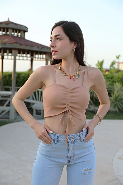 VELİZADE Γυναικείο πλεκτό μπουστάκι με λουράκι σε σχήμα καρδιάς, με μαζεμένο ...