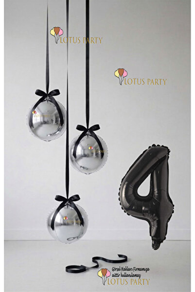 LOTUS PARTY مجموعة فضية - بالون فضي على شكل كرة - بالون أسود على شكل رقم - با...