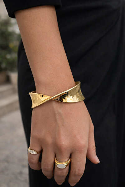 Arthesia Jewelry Gold Premium Çelik Kelepçe Bileklik – Modern Twist Tasarım,B...