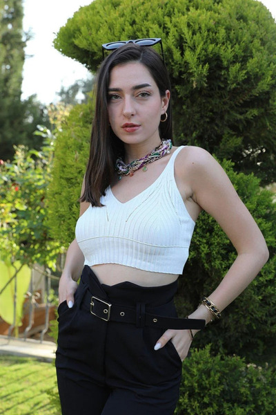 VELİZADE Women's White V-Neck Strappy Openwork Camisole Knitted Ribbed Look C...