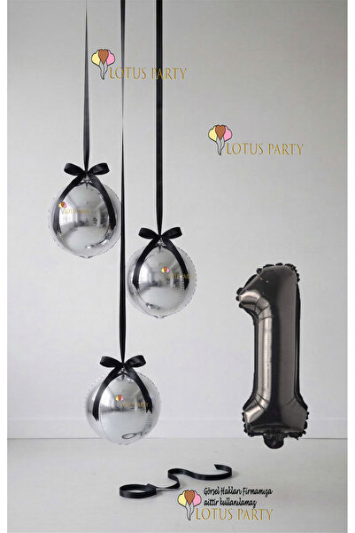 LOTUS PARTY Gümüş Set - Gümüş Küre Balon - Siyah Rakam Balon - Küre Folyo Bal...