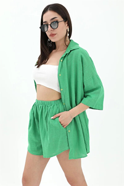 VELİZADE Γυναικείο πράσινο υπερμεγέθη σορτς με ελαστική μέση και διπλό πουκάμ...