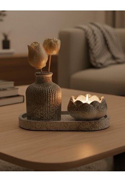 ZC ZERİVA CONSEPT El Yapımı Modern 3'lü Set Vazo, Lotus Çiçeği Mumluk Ve Tepsi