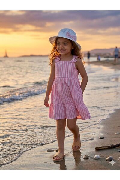 Erzani Kids Κοριτσίστικο ριγέ φόρεμα με βολάν, καλοκαιρινό ριγέ φόρεμα 2 τεμα...