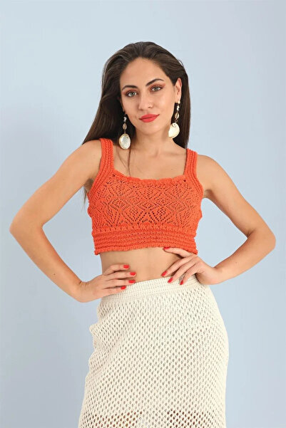 VELİZADE Γυναικείο πορτοκαλί τετράγωνο γιακά με χοντρό λουράκι, διάτρητο βαμβ...