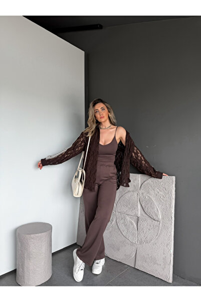 Zerrincan Giyim Coffee Lace Shirt 3-Piece Set