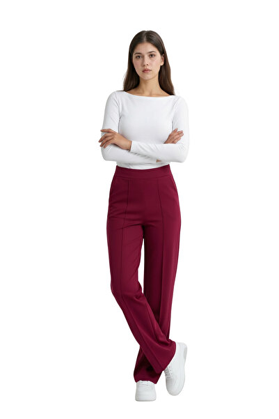 MetuCA Women's Burgundy High Waist Draped Crepe Trousers with Flexible Wide Legs