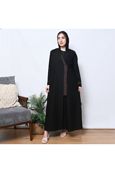 HAWRAA ABAYA عباية بتصميم بليزر مميز بتداخل الكريب المقلم باللون البني