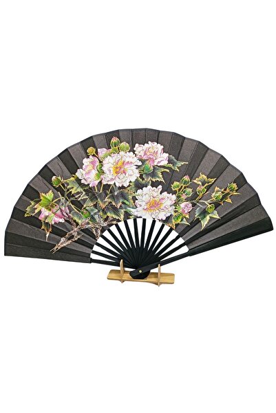 Dünyadan Hediyeler Çin Bambu Keten Kumaş Yelpaze 01BSA Siyah Büyük Boy 60cm N...