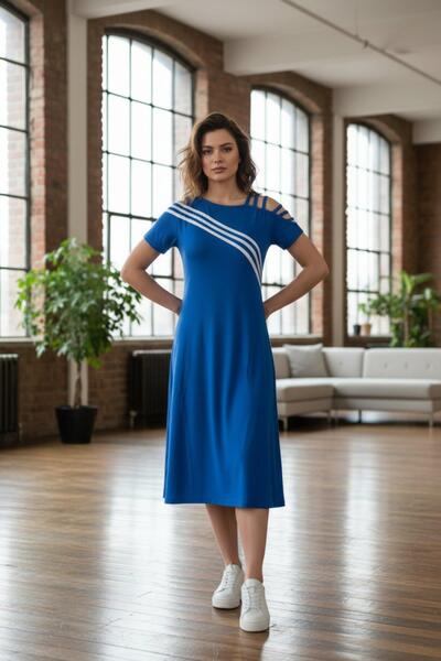 Mossta Ασύμμετρο φόρεμα με λεπτομέρεια στο λαιμό, κοντό μανίκι, μήκος μίντι, ...