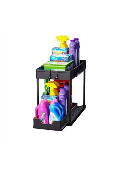 OEM Διώροφο ράφι με 1 συρόμενο ράφι, Μεταλλικό/Πλαστικό, Μαύρο 39x21x37.5εκ.