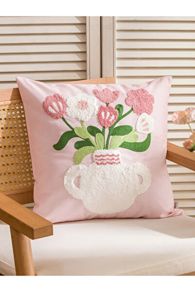 LC Waikiki Husă de pernă LCW HOME cu broderie florală roz, 45x45 cm, din cole...