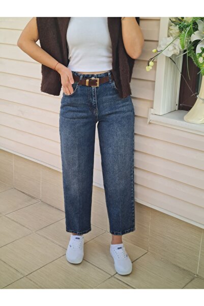 Telablanka بنطلون جينز نسائي بحزام وخصر مرتفع من ماركة Mom Skater بقصة مريحة
