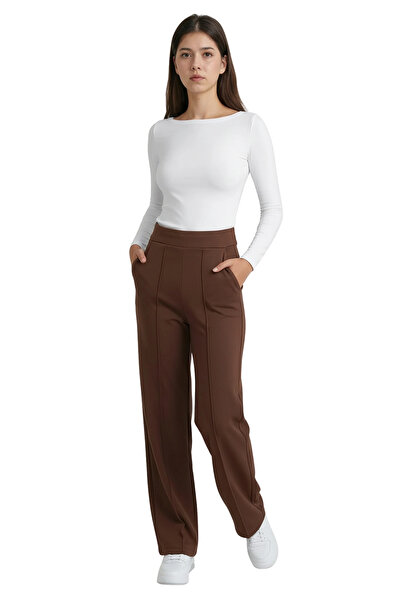 MetuCA Γυναικείο καφέ παντελόνι κρεπ με ψηλή μέση και φαρδιά μπατζάκια