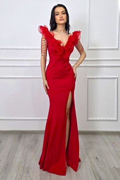 FashionForYou Ζενάρια Φόρεμα Γκάλα με Κρυστάλλινες Χάντρες και Βολάν, Κόκκινο...