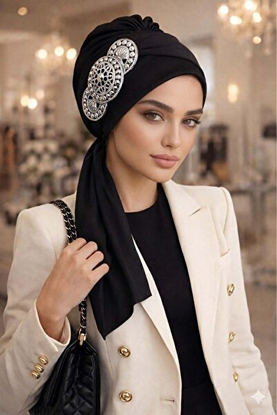 Aişe tesettür Black Evening Dress with Silver Accessories and Scarf Bonnet