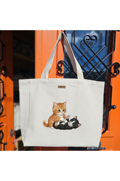 Pikkuva حقيبة قماشية طبيعية مطبوعة عليها عبارة "Cute Cat Friends" مع مقبض أبي...