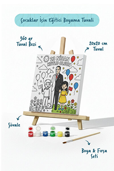 Tabdiko 23 Nisan Atatürk ve Çocuklar Temalı Boyama Tuvali – Şövaleli Boya Set...