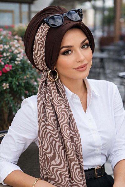 Aişe tesettür Καφέ Καπέλο-Μπόνε με Σπιράλ Σχέδιο και Φουλάρι