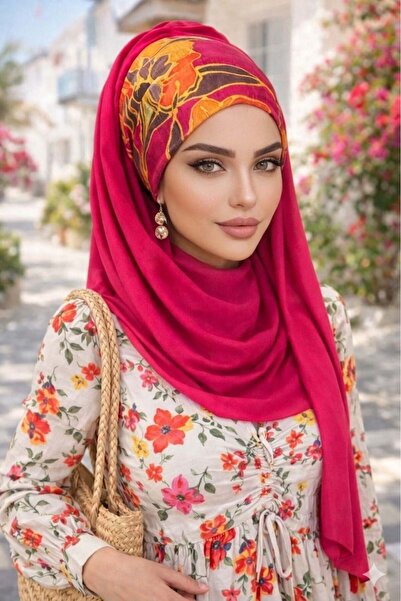 Aişe tesettür شال جاهز بتصميم باندانا بنقشة زهور برتقالية فوشيا