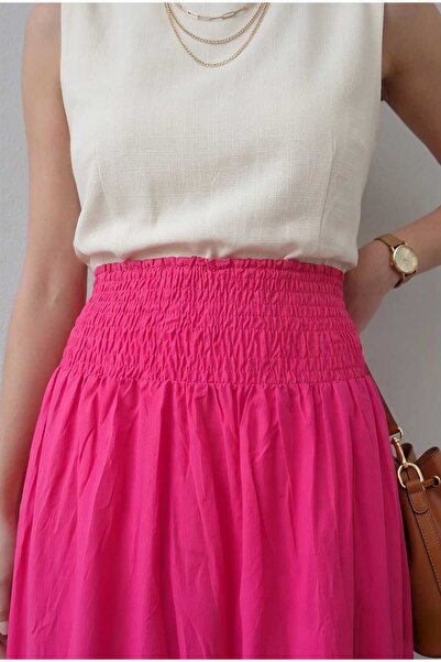 LİNDALİNA TEKSTİL Women's High Waist Crinkled Skirt with Elastic Waistband