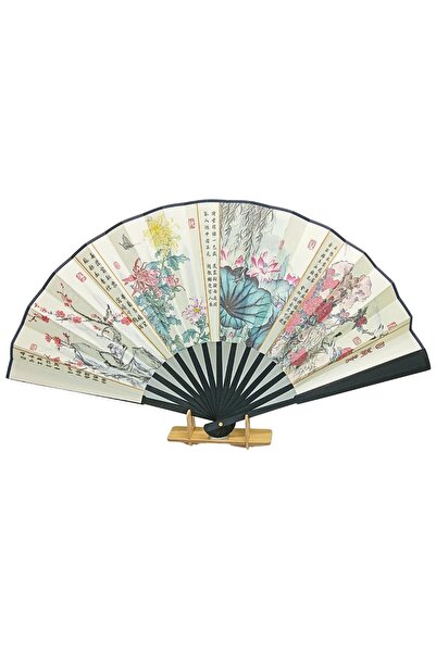 Dünyadan Hediyeler Çin Bambu Keten Kumaş Yelpaze 04BSD Siyah Büyük Boy 60cm N...