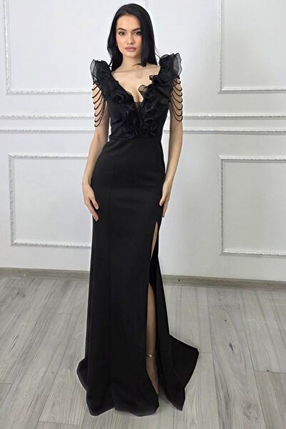 FashionForYou Zenaria επίσημο φόρεμα με ουρά, κρύσταλλα και βολάν, ΜΑΥΡΟ, L/XL