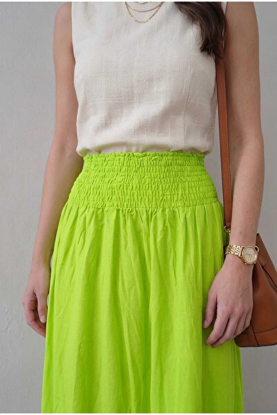 LİNDALİNA TEKSTİL Women's High Waist Crinkled Skirt with Elastic Waistband