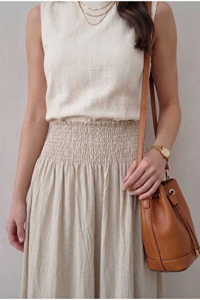 LİNDALİNA TEKSTİL Women's High Waist Crinkled Skirt with Elastic Waistband